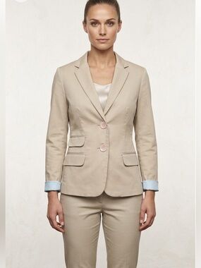 IRIS silk cream nude beige pinstriped white baby blue lined double button blazer